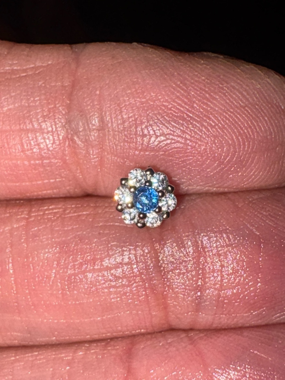 Nose Ring- 20 G Stainless Steel Cz Flower simulated, blue, sapphire  Nose Stud R